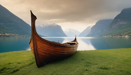 A boat on the shore of a picturesque fjord