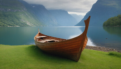 Fototapeta premium A boat on the shore of a picturesque fjord