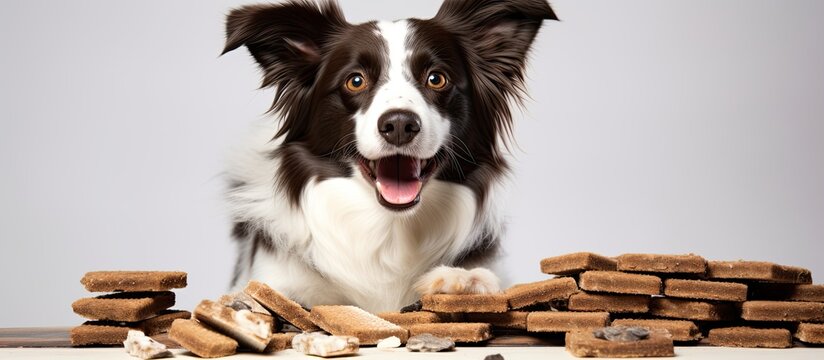 A black and white dog is sitting comfortably next to a pile of dog cookies. The dog seems interested in the treats and is likely waiting for permission to enjoy them.