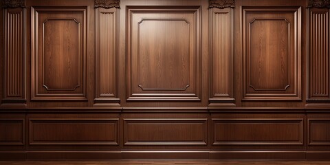 Luxury wood paneling background or texture. highly crafted classic / traditional wood paneling, with a frame pattern, often seen in courtrooms, premium hotels, and law offices.