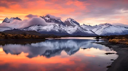 Gartenposter Panoramic view of snow capped mountains at sunset with reflection in water © Iman