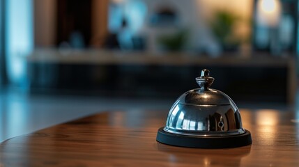Service bell on the table hotel reception with blurred background - obrazy, fototapety, plakaty