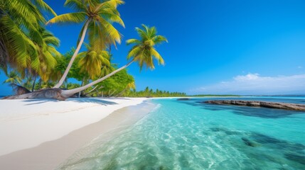 Beautiful tropical beach with palm tree smooth sand blue sky and calm ocean