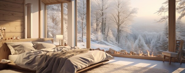 On a winter day, the bedroom bathed in warm sunlight streaming through the large windows offers a peaceful respite from the outside world, with the lush trees just beyond the walls and the cozy