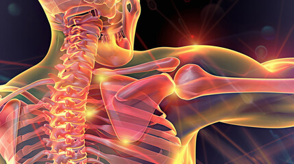 肩関節の視覚表現: ルンバー領域での痛みと不快感を具現化したイメージ - obrazy, fototapety, plakaty