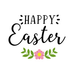 Obraz premium Vector hand drawn Happy Easter quote with flowers, in folk art Scandinavian style. Lettering for ad, poster, print, gift decoration.