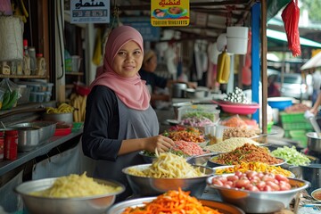 Obraz premium an Indonesian female working in his food sellers stalls serve buyers