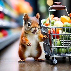 A tiny squirrel holding onto a miniature shopping basket, pretending to grocery shop like humans. Generative AI.