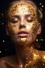 Close-up of a young female face in golden glitter paint. Decorative cosmetics for women. Gold make-up on beautiful model, glamourous metallic skin. Beautiful woman makeup close up