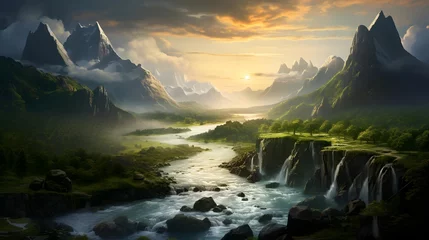 Wandaufkleber Fantastic panoramic view of the mountain river. Dramatic sky with glowing clouds. Idyllic summer scene. Beauty of nature concept background. © Iman