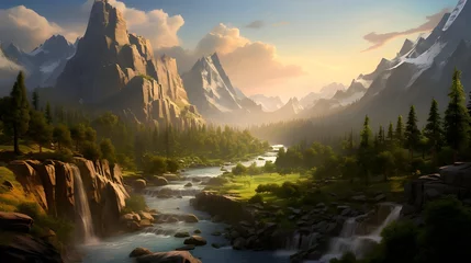 Schilderijen op glas Fantastic panoramic landscape of a mountain river in the forest © Iman