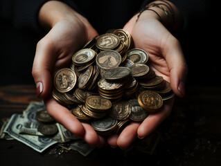 Coins in palms of woman hands over black background. Financial growth, saving money, investment concept