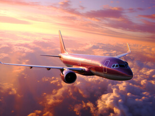 Passenger airplane flies in blue sky with dramatic sunset pink clouds. Concept of airline companies, travel, plane transportation, freedom of travelling