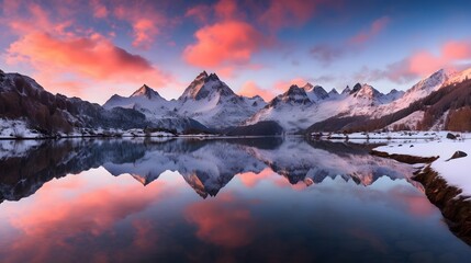 Panoramic view of snow capped mountains reflected in lake at sunset