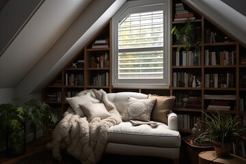 Cozy Attic Space: Plantation Shutter Windows, Classic Bookshelves, and Comfy Beanbag Retreat