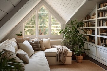 Cozy Attic Space: Plantation Shutter Windows, Classic Bookshelves, Comfy Beanbag Hideaway