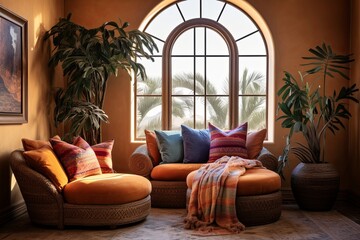 Radiant Mediterranean Rattan Decor: Cozy Arch Window Paradise