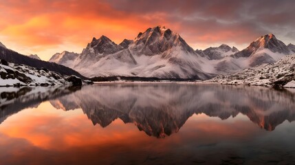 Panoramic view of snowy mountains reflected in lake at sunrise.
