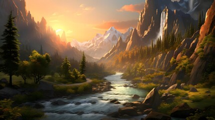 Panoramic view of a mountain river at sunset. Digital painting.