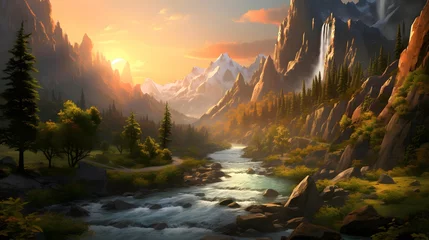  Panoramic view of a mountain river at sunset. Digital painting. © Iman