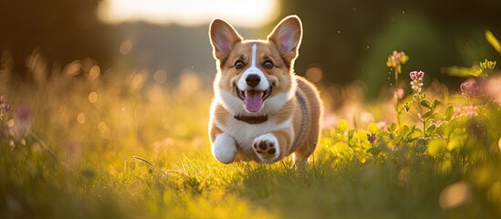 A purebred Welsh Corgi puppy joyfully runs through a vast field of green grass, its ears flopping in the wind as it keeps pace with its owner.