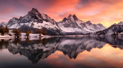 Foto auf Glas Panoramic view of the snow-capped peaks of the Swiss Alps at sunset © Iman