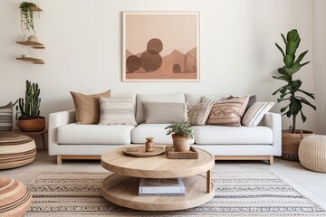 Desert Plant and Rug Accents in Scandinavian Living Room with White Sofa and Wooden D�cor