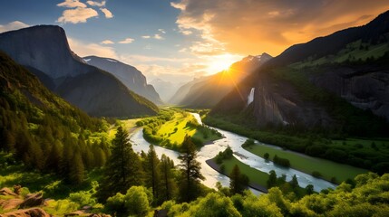 A panoramic shot of a mountain river flowing through a valley