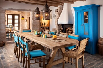 Fototapeta na wymiar Mediterranean Color Palette Ideas: Rustic Wooden Table & Bright Blue Chairs in Dining Area