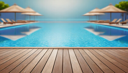 Fototapeta na wymiar Empty wood table top and blurred swimming pool in tropical resort in summer banner background - can used for display or montage your products