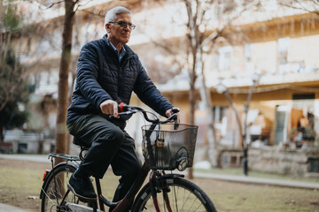 An elderly gentleman cycling calmly through a serene park setting, representing an active and...