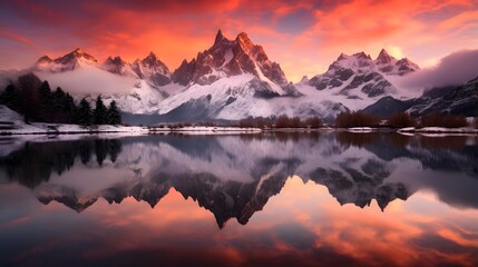 Panoramic view of snowy mountains reflected in lake at sunset.