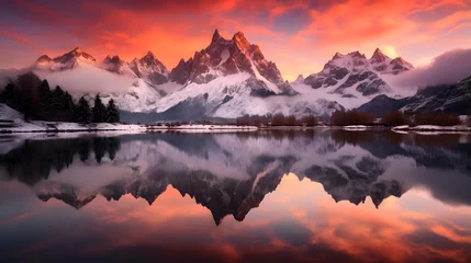  Panoramic view of snowy mountains reflected in lake at sunset. © Iman