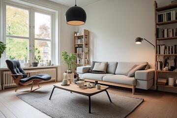 Dutch Apartment Oasis: Functional Furniture, Pendant Light, Cozy Rug