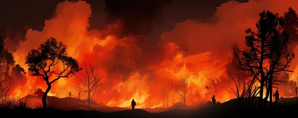 Poster Forest fire, wildfire landscape natural disaster background banner panorama - Burning flames with smoke development and black silhouette of forest trees and firefighters © Влада Яковенко