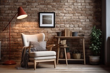 Dutch Inspired Room Decor: Exposed Brick Wall & Light Wooden Furniture Harmony - obrazy, fototapety, plakaty