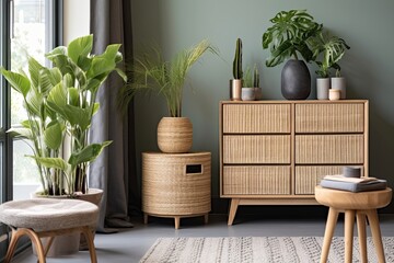 Dutch Inspired Room: Woven Wall Hangings, Wooden Drawer Unit, and Plant Pouf Showcase