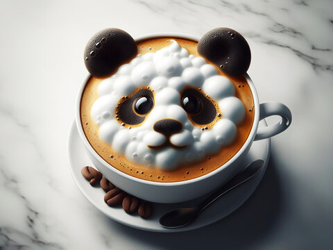 a cup of coffee with latte art, a 3D panda head pattern, beautiful porcelain cup and dish, beans, cream, milk, marble table
