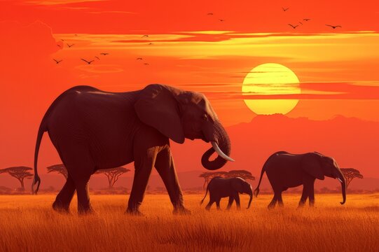 Silhouette elephants at sunset on Savana world animal