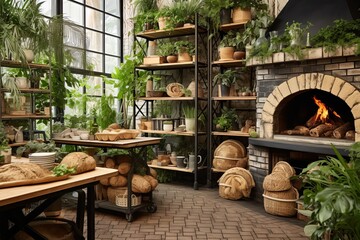 Dutch-Inspired Bakery: Rustic Stone Oven Designs Amid Wooden Shelving - obrazy, fototapety, plakaty