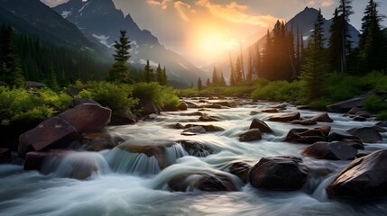 Panoramic view of a mountain river in the Canadian Rockies.
