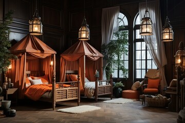 Dutch-Inspired Decor: Fairy-Tale Canopy Beds, Wooden Frames, and Terracotta Pendant Lights - obrazy, fototapety, plakaty