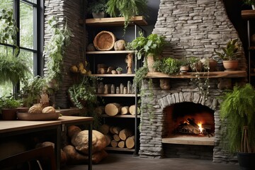 Dutch-Inspired Bakery: Rustic Stone Oven Designs Amid Wooden Shelving and Green Plants - obrazy, fototapety, plakaty