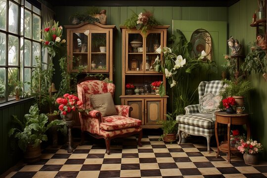 Dutch-Inspired Decor: Checkerboard Floors, Floral Textiles, and Vintage Furniture Showcase