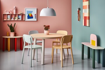 Dutch-Inspired Home: Pastel Wall with Vinyl Seat Furnishings and Round Dining Table