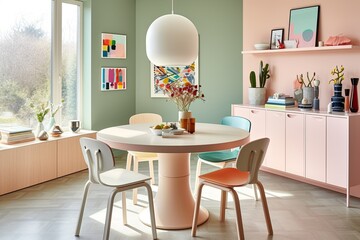 Dutch-Inspired Pastel Wall Home: Vinyl Seat Furnishings & Round Dining Table Decor Dream