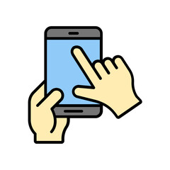 hand with smartphone. lineal color icon