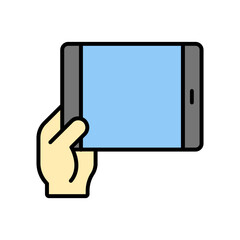 hand with tablet. lineal color icon