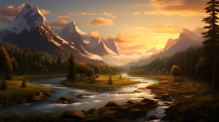 Panoramic view of the mountain river at sunset. Beautiful nature background.