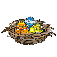 Nest with painted Easter eggs color variation on a white background
